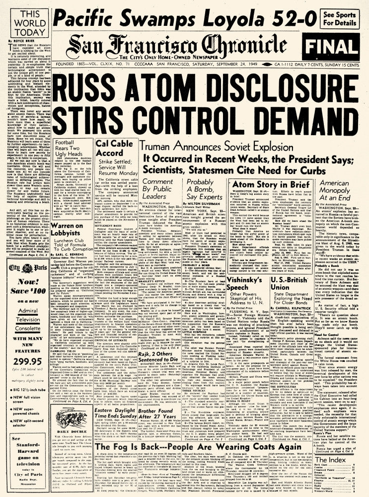 Soviet Atomic Test 1949 Front Page Chronicle Poster Print