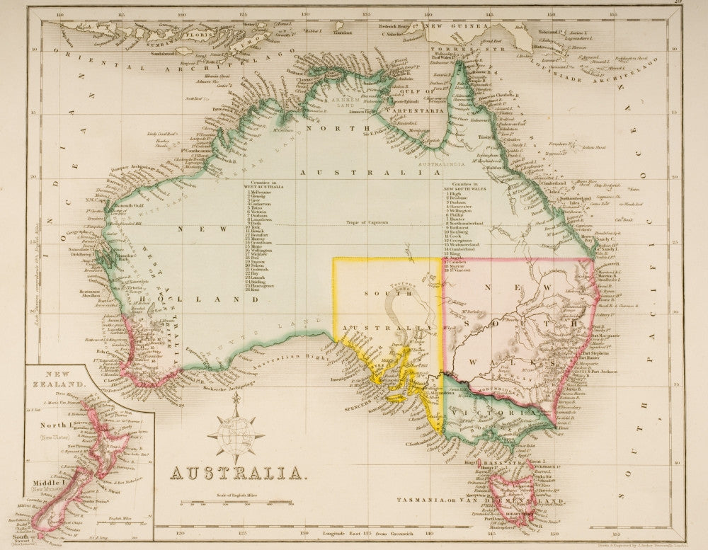 Antique Map of Australia and New Zealand by J. Archer, c.1830 Fine Art Print