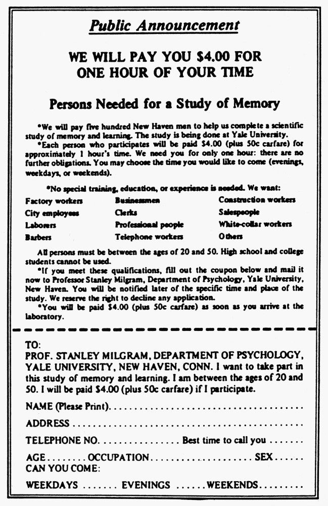 Milgram Experiment 1963 Public Announcement Fine Art Print by Granger Collection