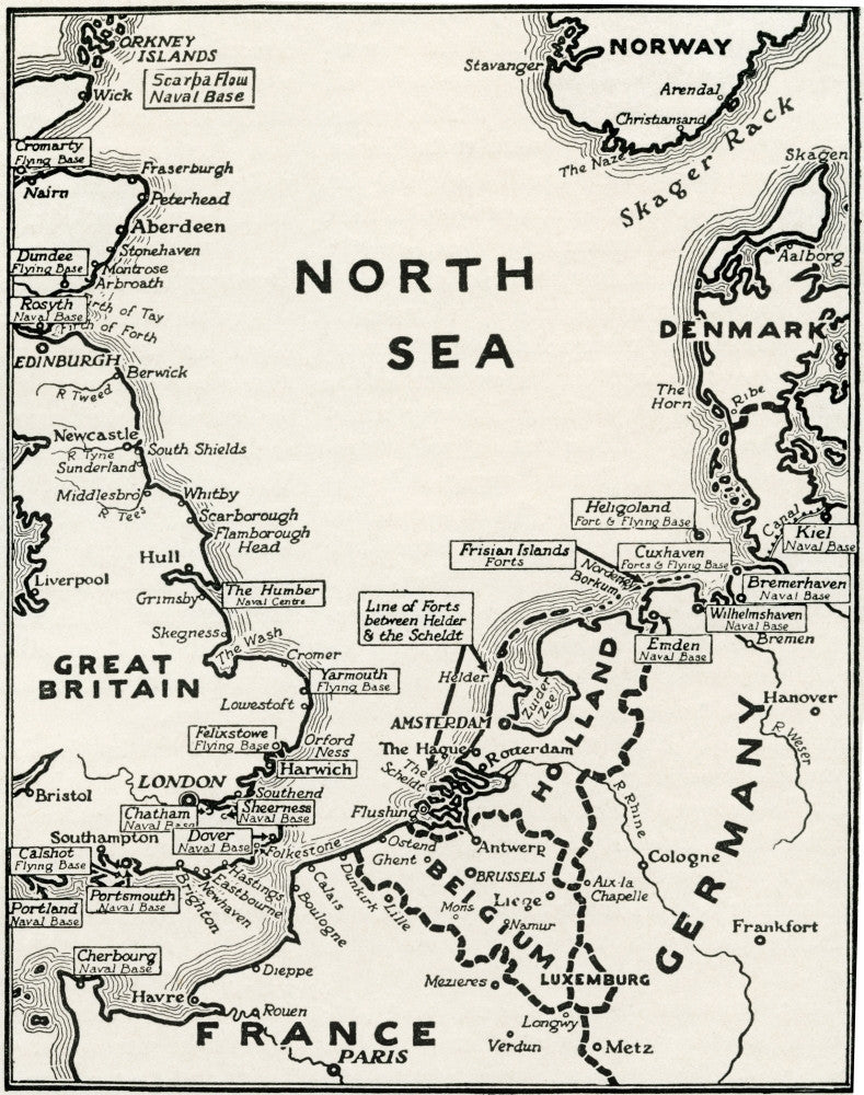 World War One North Sea Naval Bases Map Fine Art Print by Hilary Jane Morgan
