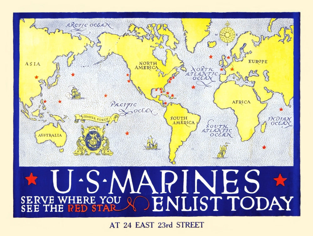 WWI Marine Corps Recruiting Map Poster Print - Unknown Artist