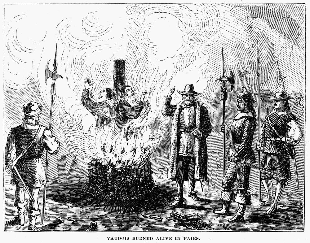 Waldenses Burned Alive - Historic Wood Engraving from 1870