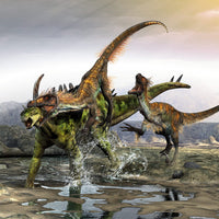 A Gigantspinosaurus Under Attack by Utahraptors Fine Art Print by Kurt Miller