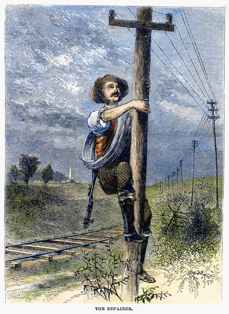 Telegraph Repair Man on the American Frontier - Wood Engraving Print