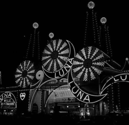 Neon Lights in Amusement Park at Night Fine Art Print