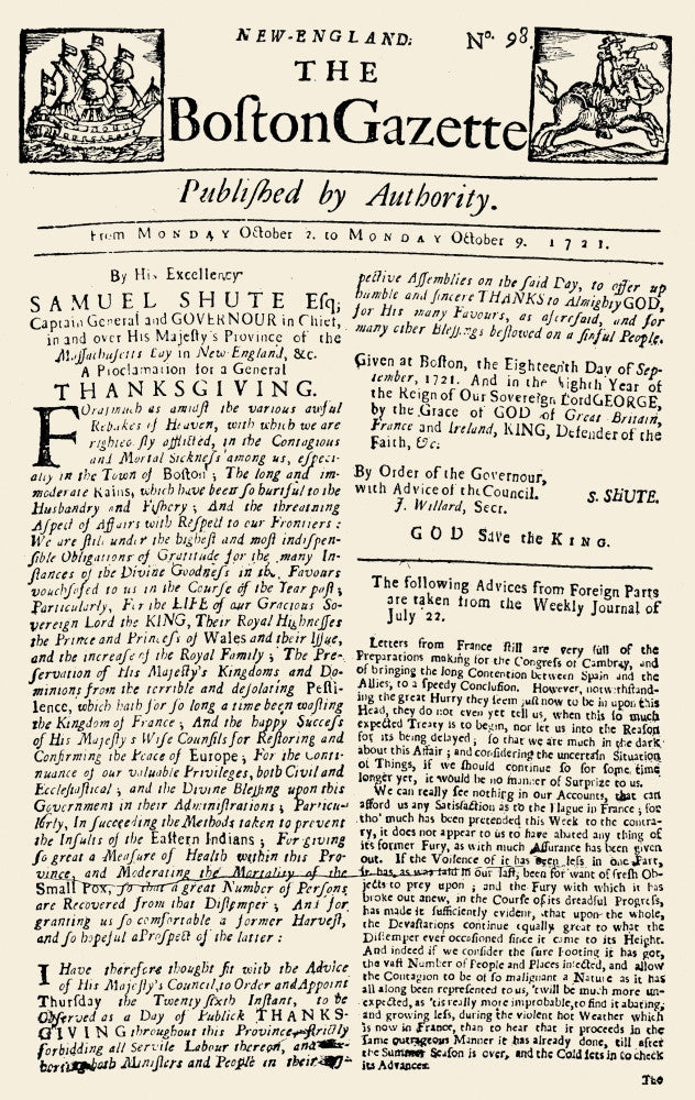 Boston Gazette 1721 Fine Art Print by Granger Collection