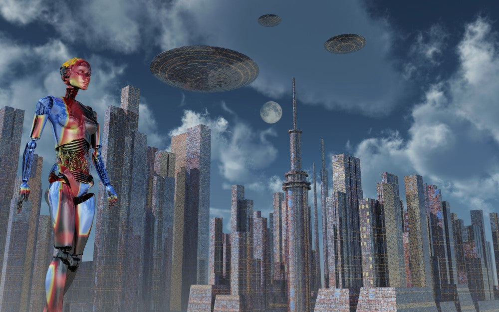 Futuristic City with Robots and Flying Saucers Fine Art Print