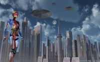 Futuristic City with Robots and Flying Saucers Fine Art Print