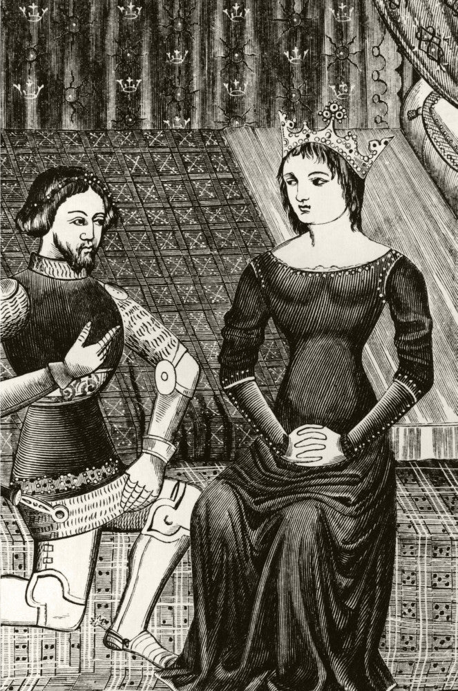 Sir Lancelot Kneels Before Queen Guinevere - 19th Century Engraving