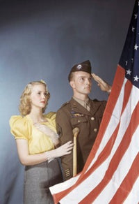 Young Man Saluting American Flag with Woman Fine Art Print