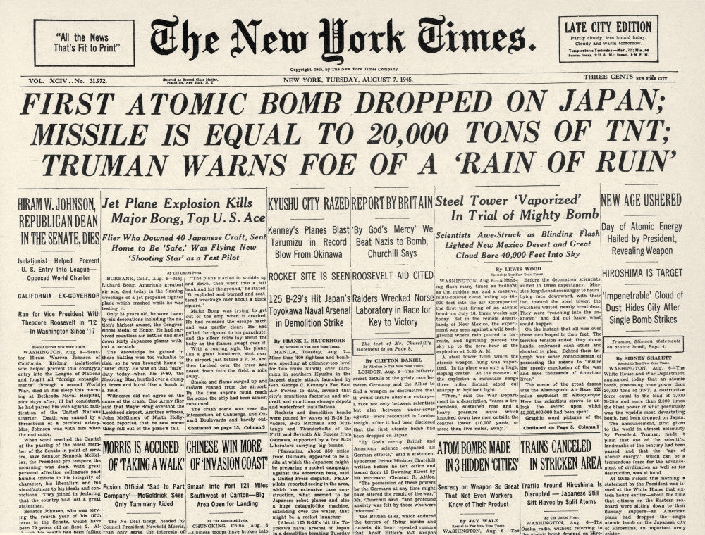 Hiroshima Front Page Fine Art Print - Historical Newspaper Replica
