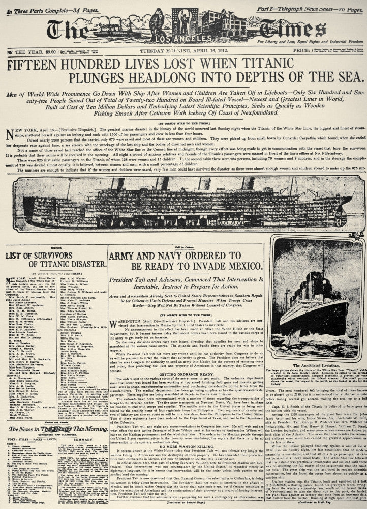 Titanic Headline 1912 Fine Art Print - Los Angeles Times Front Page