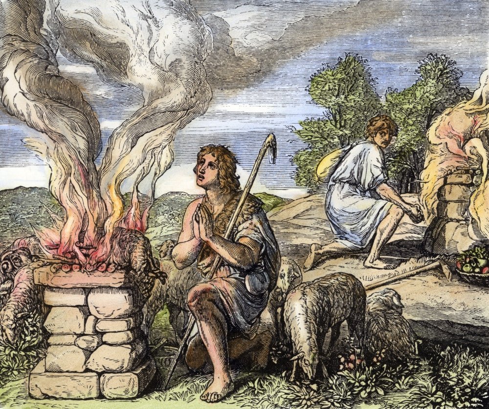 Cain and Abel Offering Their Sacrifices Fine Art Print - 19th Century Wood Engraving