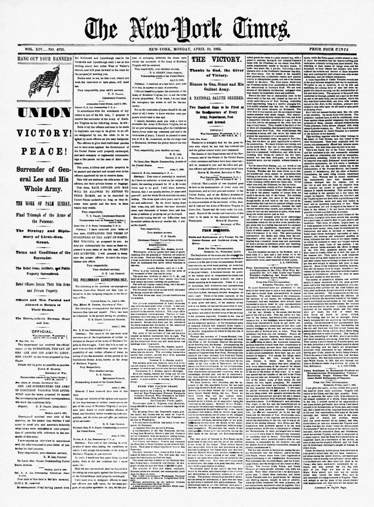 Lee's Surrender 1865 - New York Times Front Page Print