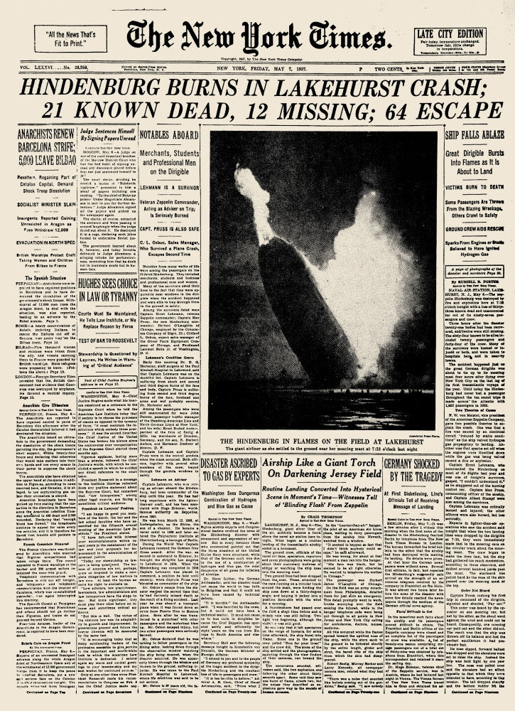 Hindenburg Explosion Newspaper Front Page Print - 1937