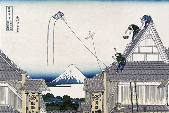 Roofers Working on Edo Rooftops - Fine Art Print by Katsushika Hokusai