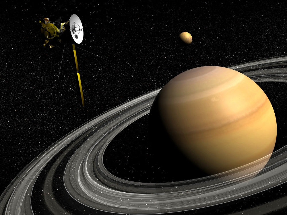 Cassini Spacecraft Orbiting Saturn and Titan Fine Art Print