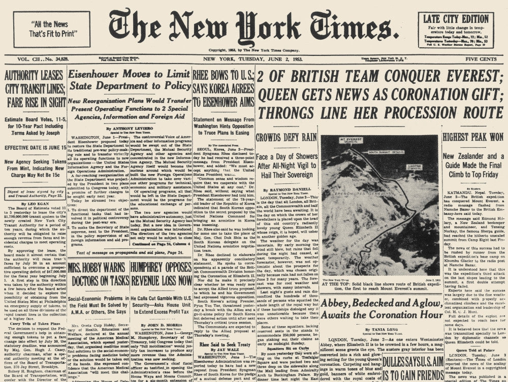 Mt. Everest Conquered 1953 - Historic NY Times Headline Print by Granger Collection