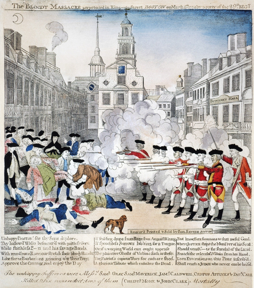 Boston Massacre Colored Engraving Print by Paul Revere