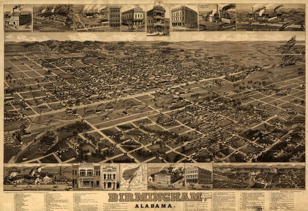 Birmingham, Alabama Historical Map Lithograph Print - 1885