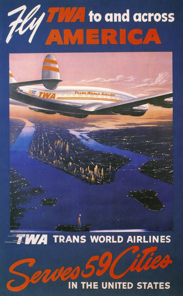 Trans-World Airlines 1950s Poster Featuring TWA Lockheed Constellation over Manhattan