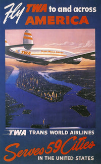 Trans-World Airlines 1950s Poster Featuring TWA Lockheed Constellation over Manhattan