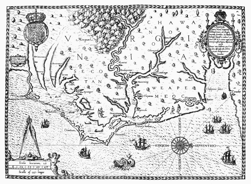 Map of Virginia Engraving (1585) by Theodore De Bry - Granger Collection