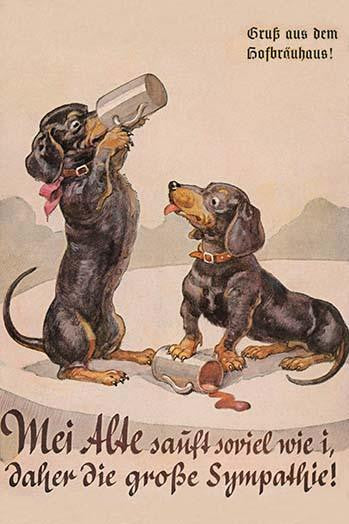 Vintage German Dogs Drinking Beer Poster Print - Unknown Artist
