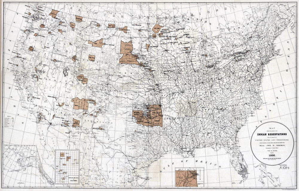 Map of Indian Reservations in the United States - 1888 Lithograph Print by Granger Collection