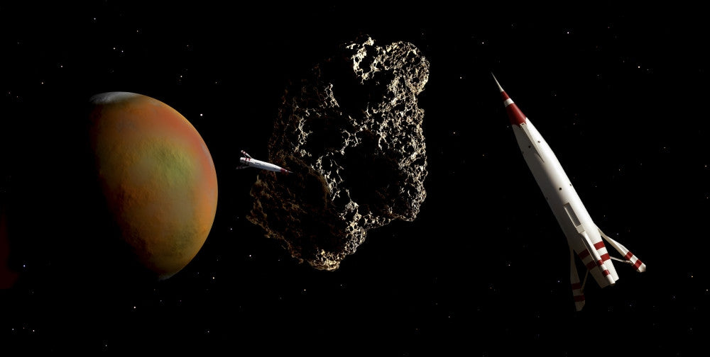 1950's Spaceships Rendezvous Near Mars and Deimos Fine Art Print