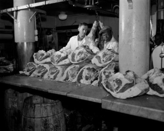 Butcher Inspecting Beef at Butcher's Shop Fine Art Print