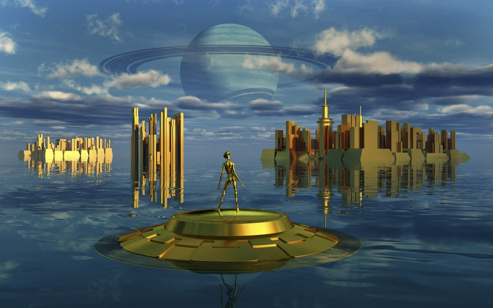 Golden Alien Civilization on a Moon Fine Art Print by Mark Stevenson