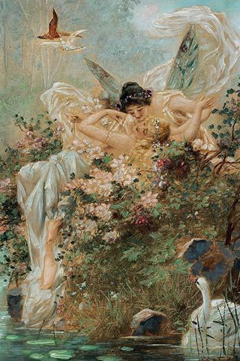 Fairies and Swan Fine Art Print by Hans Zatzka - Enchanting Decor