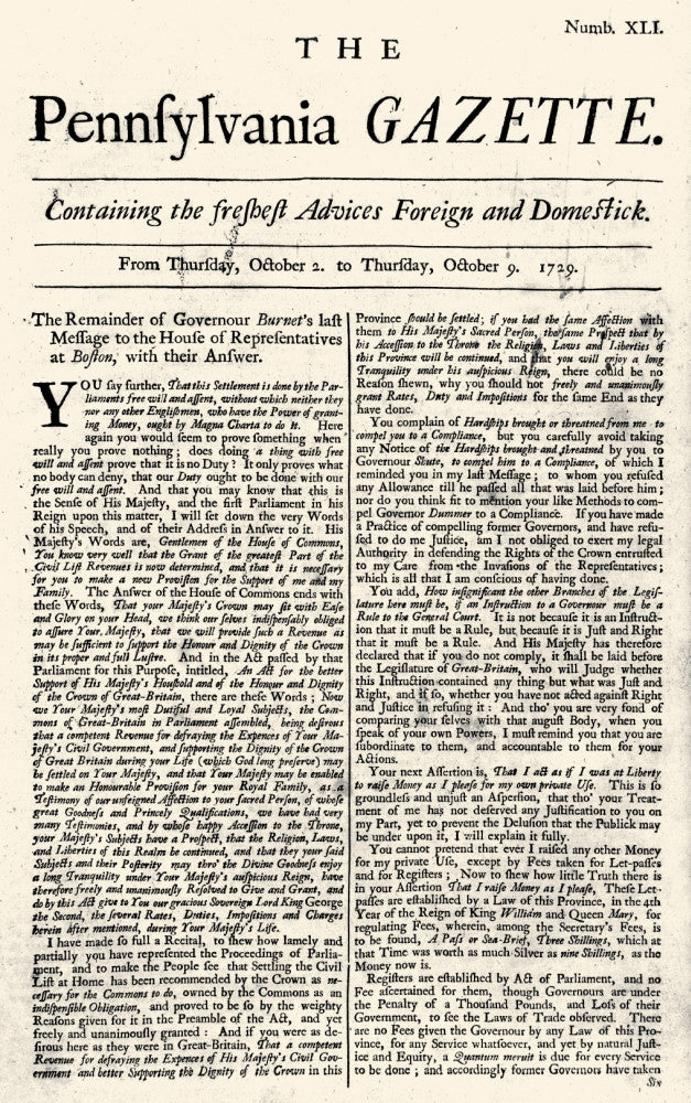 Pennsylvania Gazette 1729 Poster Print by Granger Collection