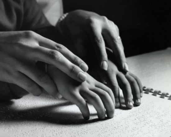Close-up of Adult Assisting Blind Child with Braille Fine Art Print