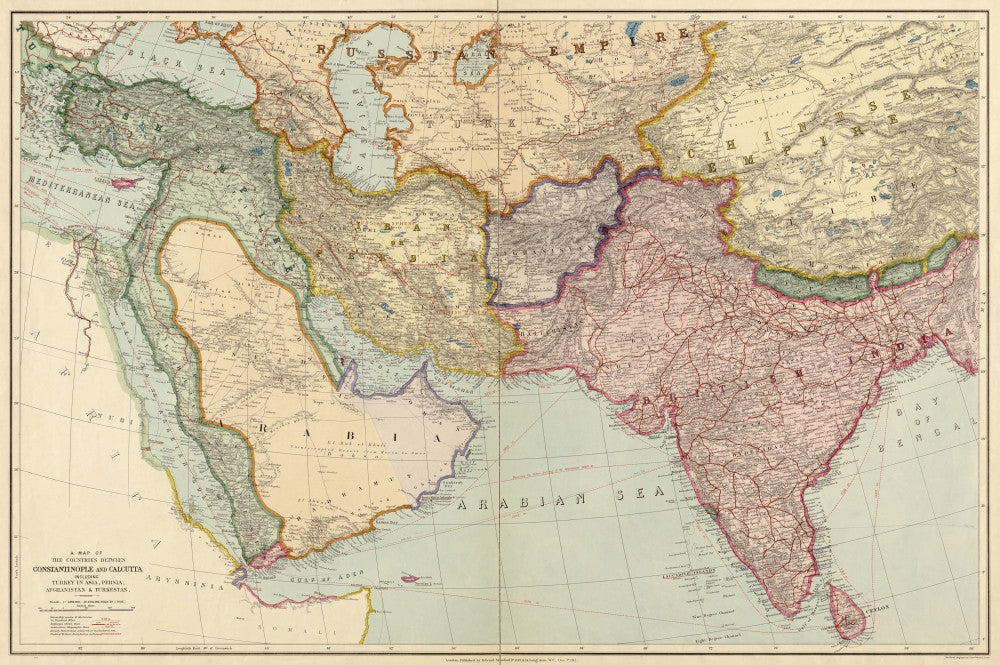 1912 Pre-World War One Map of the Middle East and Indian Subcontinent by Ken Welsh