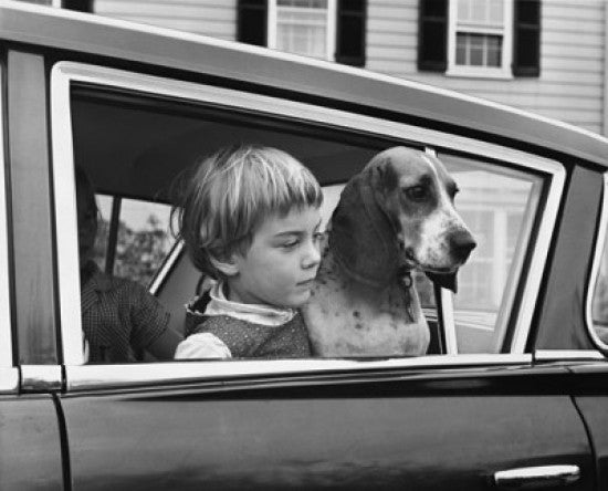 Girl with Her Dog in Car Looking Through Window Fine Art Print