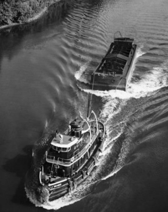 High Angle View of Tugboat Pulling Cargo Container Fine Art Print