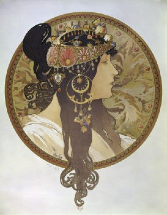 Medallion with a Brunette's Profile Fine Art Print by Alphonse Mucha