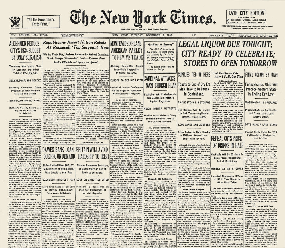 Prohibition Repeal 1933 New York Times Headline Poster Print
