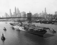 High Angle View of USS Leyte and Brooklyn Bridge Fine Art Print