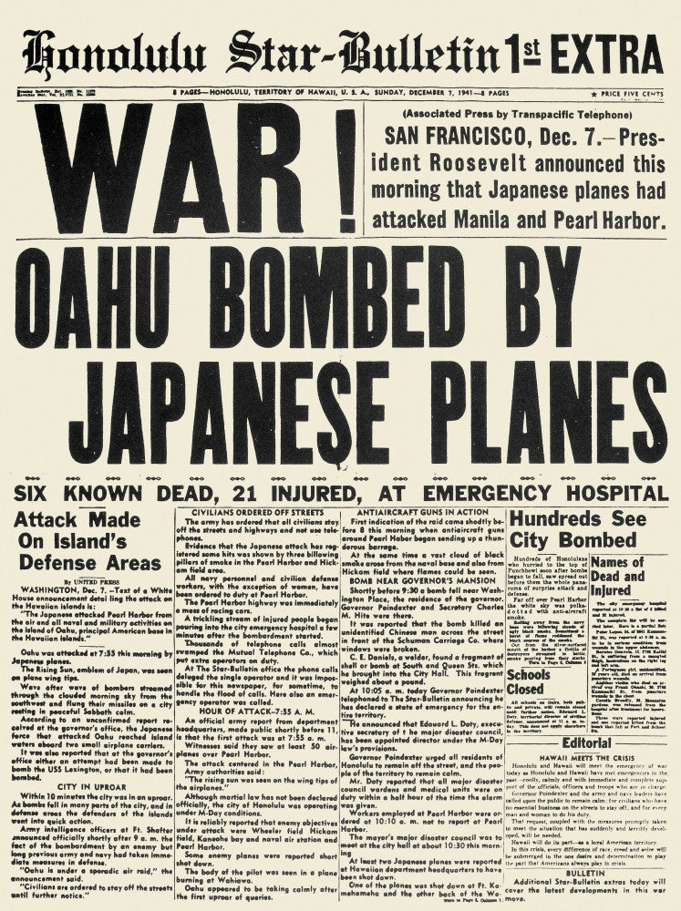 Pearl Harbor World War II Front Page Art Print by Granger Collection