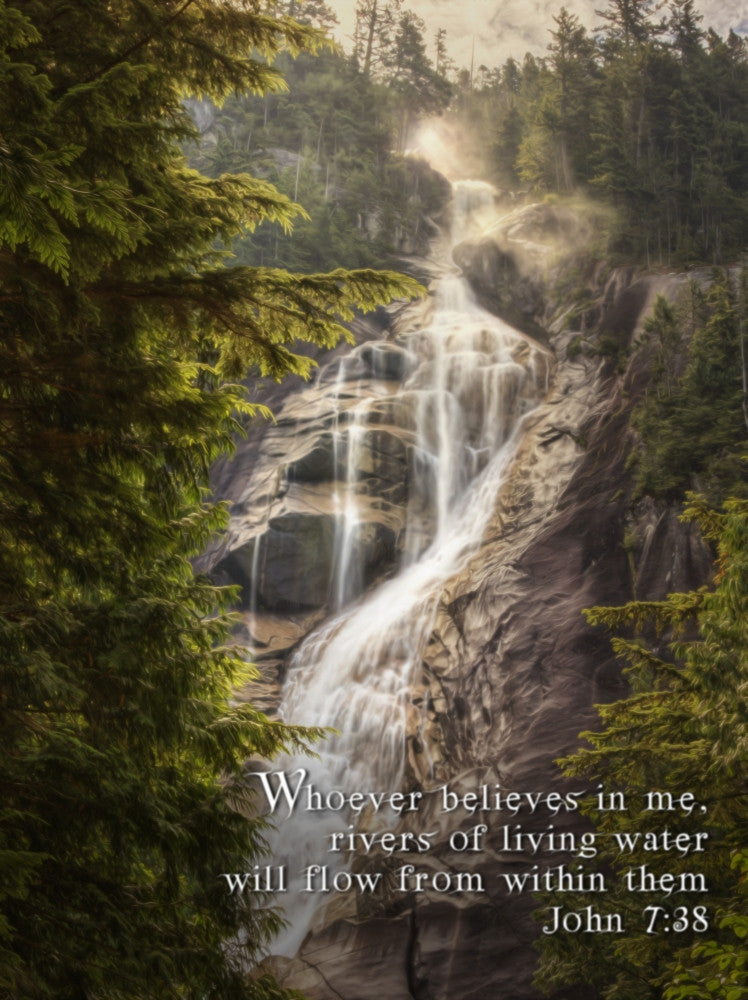 Waterfalls Over Steep Cliffs with John 7:38 Scripture Print by Tim Antoniuk