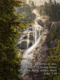 Waterfalls Over Steep Cliffs with John 7:38 Scripture Print by Tim Antoniuk