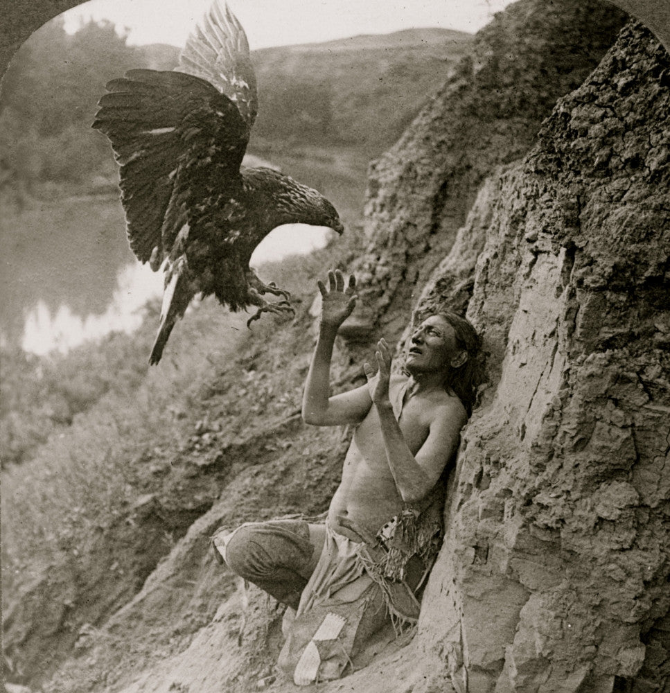 Indian on Mountain Side Attacked by Eagle Fine Art Print
