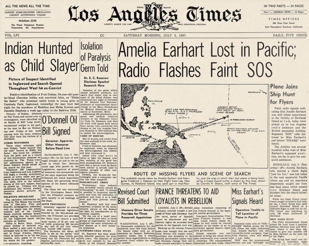 Earhart Disappearance Announcement Fine Art Print - 1937 LA Times