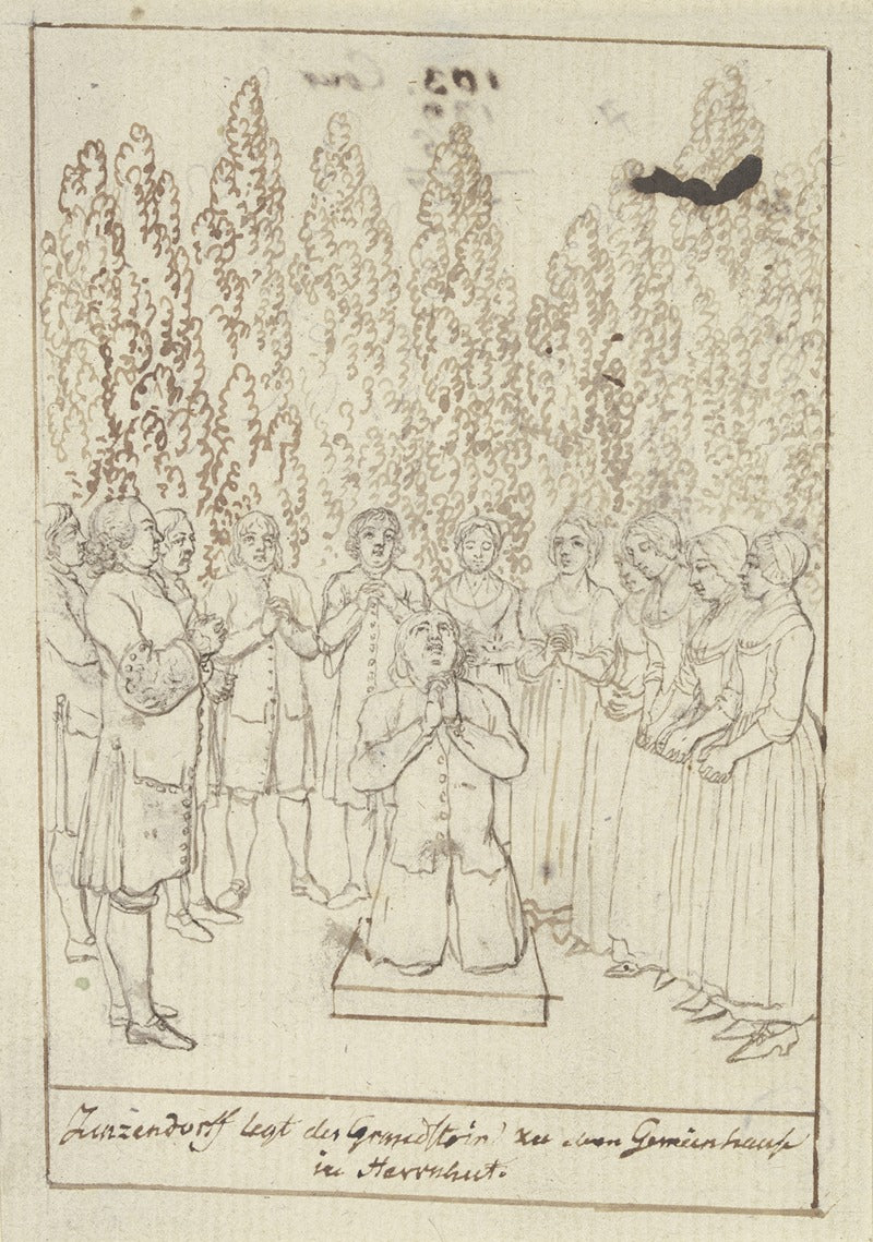 Zinzendorf laying the foundation for a community house poster print by Daniel Nikolaus Chodowiecki.
