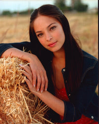 Kristin Kreuk leaning on hay bale photo print in vibrant colors.