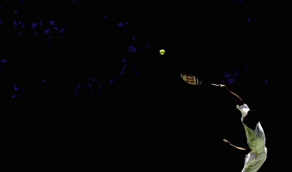 Pete Sampras serving action photo print, tennis legend.