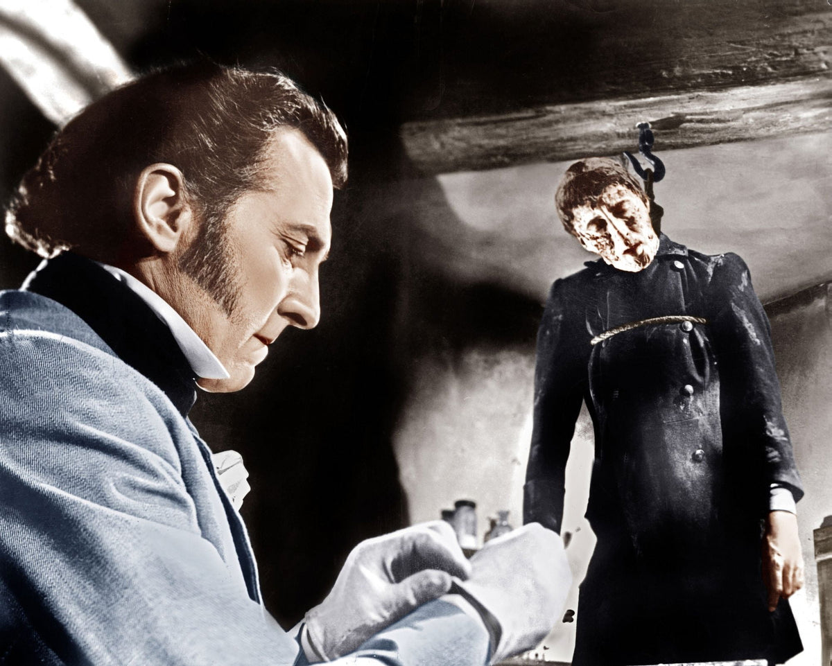 The Curse of Frankenstein photo print featuring Peter Cushing and Christopher Lee from the 1957 film.